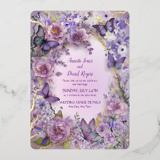  Botanische Vlinderlavendel Folie Uitnodiging (Voorkant)