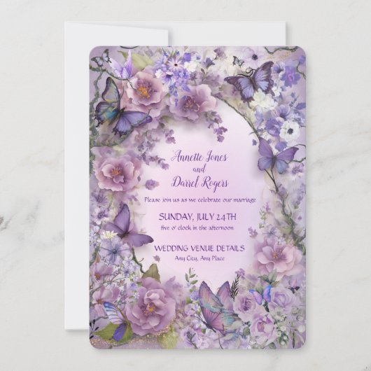 Botanische Vlinderlavendelbruiloft Kaart (Voorkant)