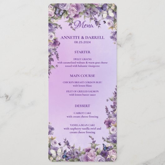  Botanische Vlinderlavendelbruiloft Menu (Voorkant)