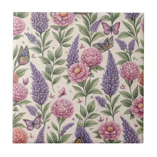Botanische Vlinders Lavendel Tuin Tegeltje (Voorkant)