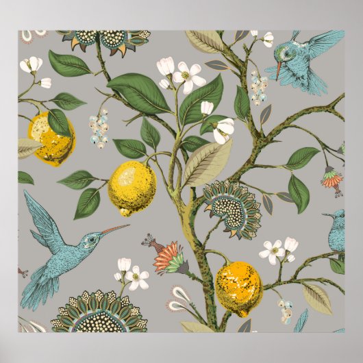 Botanische vogelbloemen: getekend behang poster (Voorkant)