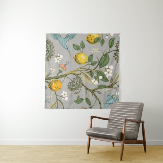 Botanische vogelbloemen: getekend  behang wandkleed (In Situ (horizontaal))