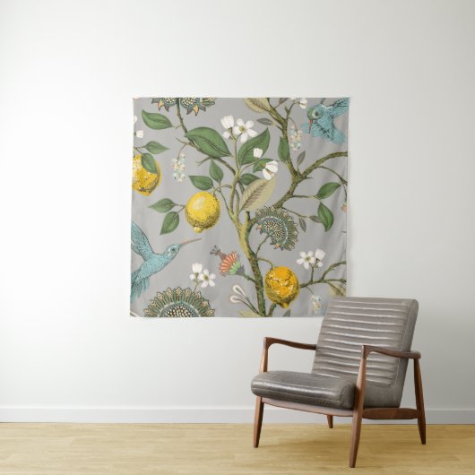 Botanische vogelbloemen: getekend  behang wandkleed (In situ)