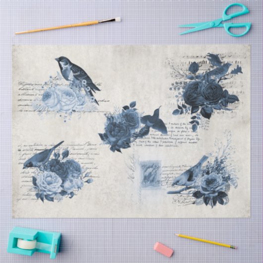 Botanische vogels  Blauwe Bloemen Ontkoppeling Tissuepapier (Craft)