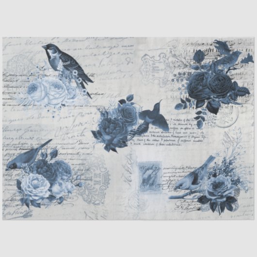 botanische vogels Blauwe Bloemen Ontkoppeling Tissuepapier (Voorkant)