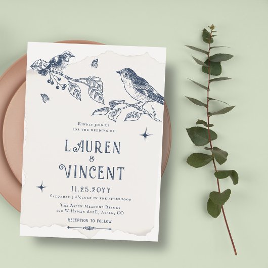 Botanische Vogels & Classic Vintage Trouwfoto Kaart