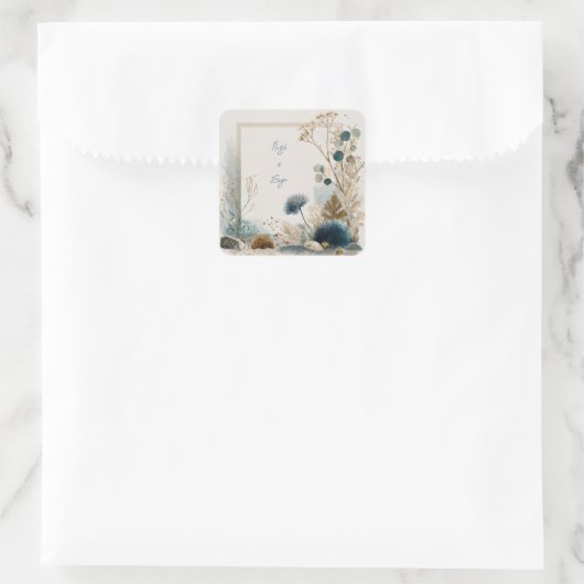 Botanische volkskunst Blue & Earth Wedding Vierkante Sticker (Tas)