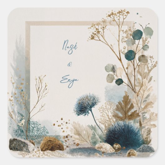 Botanische volkskunst Blue & Earth Wedding Vierkante Sticker (Voorkant)