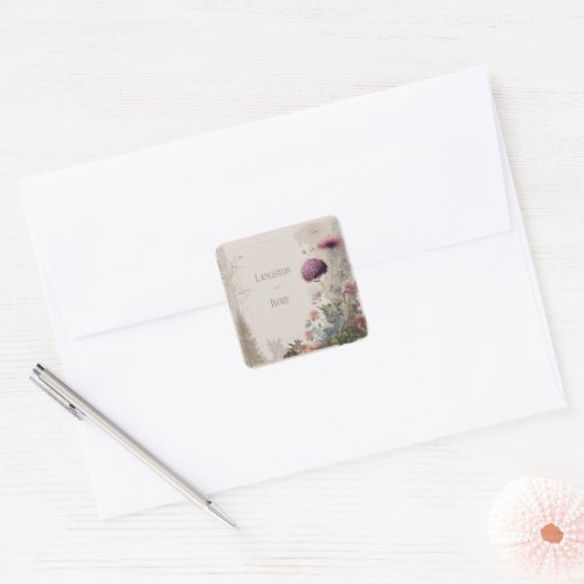 Botanische volkskunst Wildflower bruiloft Vierkante Sticker (Envelop)