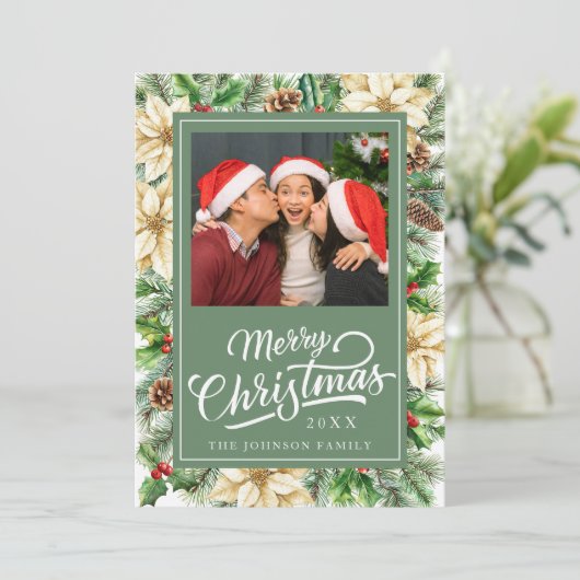  botanische vrolijke kerstfotokaart feestdagenkaart (Staand voorkant)