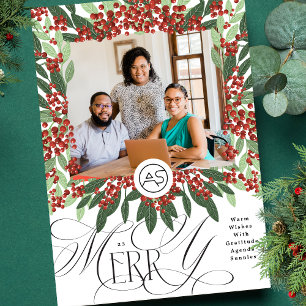 Botanische Vrolijke Kerstmis Foto & Logo Business Feestdagenkaart
