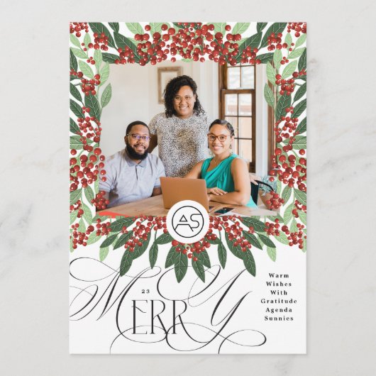 Botanische Vrolijke Kerstmis Foto & Logo Business Feestdagenkaart (Voorkant)