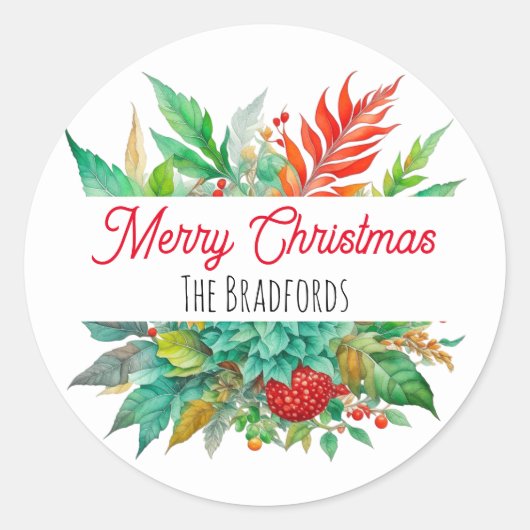 Botanische Vrolijke Kerstmis Gepersonaliseerd Ronde Sticker (Voorkant)