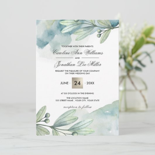 Botanische Waterverf Aangepaste bruiloft uitnodigi Kaart (Staand voorkant)