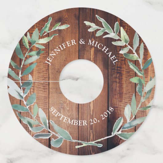 Botanische waterverf bladeren op rustieke houten b wijnglaslabel (Voorkant)