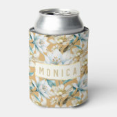 Botanische waterverf blauw wit goud lelie bloemen blikjeskoeler (Blikje Voorkant)