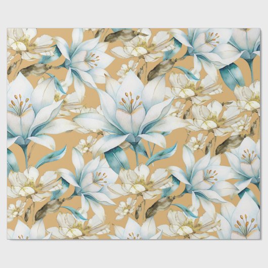 Botanische waterverf blauw wit goud lelie bloemen cadeaupapier (Vlak)