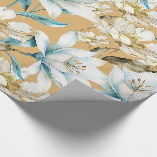 Botanische waterverf blauw wit goud lelie bloemen cadeaupapier (Hoek)