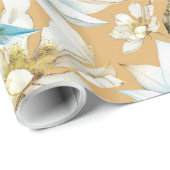 Botanische waterverf blauw wit goud lelie bloemen cadeaupapier (Rol Hoek)