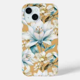 Botanische waterverf blauw wit goud lelie bloemen iPhone 15 case