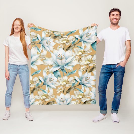Botanische waterverf blauw wit goud lelie bloemen fleece deken (In situ)