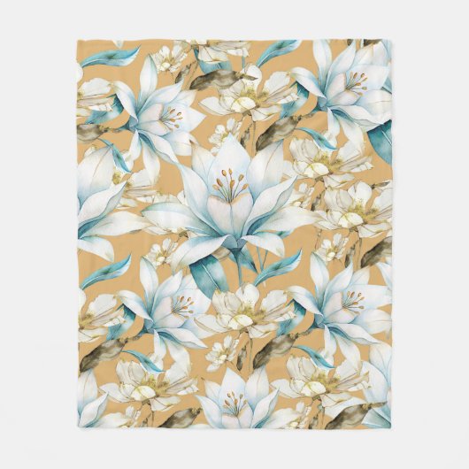 Botanische waterverf blauw wit goud lelie bloemen fleece deken (Voorkant)