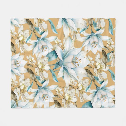 Botanische waterverf blauw wit goud lelie bloemen fleece deken (Voorkant (Horizontaal))
