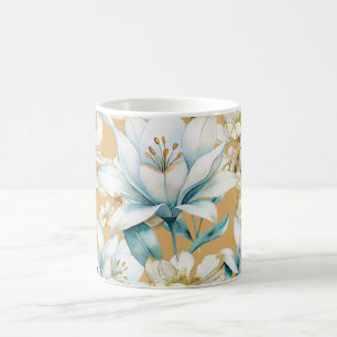 Botanische waterverf blauw wit goud lelie bloemen koffiemok