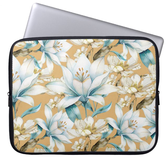 Botanische waterverf blauw wit goud lelie bloemen laptop sleeve (Voorkant)