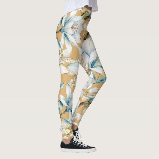 Botanische waterverf blauw wit goud lelie bloemen leggings (Rechts)