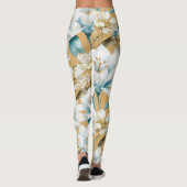 Botanische waterverf blauw wit goud lelie bloemen leggings (Achterkant)