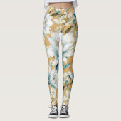 Botanische waterverf blauw wit goud lelie bloemen leggings (Voorkant)