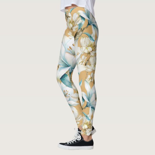 Botanische waterverf blauw wit goud lelie bloemen leggings (Links)