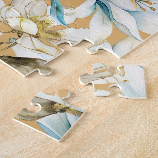 Botanische waterverf blauw wit goud lelie bloemen legpuzzel (Zijkant)