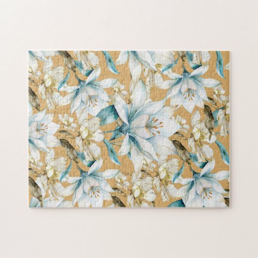 Botanische waterverf blauw wit goud lelie bloemen legpuzzel (Horizontaal)