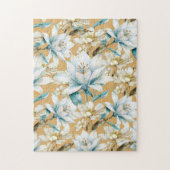 Botanische waterverf blauw wit goud lelie bloemen legpuzzel (Verticaal)