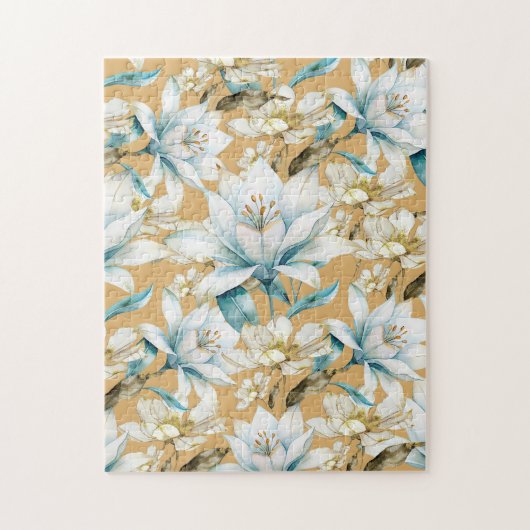 Botanische waterverf blauw wit goud lelie bloemen legpuzzel (Verticaal)