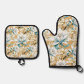 Botanische waterverf blauw wit goud lelie bloemen ovenwant & pannenlap set (Voorkant)