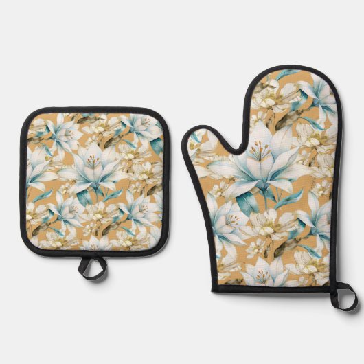 Botanische waterverf blauw wit goud lelie bloemen ovenwant & pannenlap set (Voorkant)