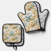 Botanische waterverf blauw wit goud lelie bloemen ovenwant & pannenlap set (Voorkant / Achterkant)