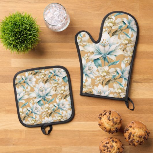 Botanische waterverf blauw wit goud lelie bloemen ovenwant & pannenlap set (Top down)
