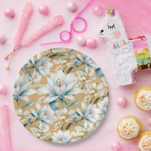 Botanische waterverf blauw wit goud lelie bloemen papieren bordje (Feest)