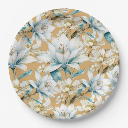 Botanische waterverf blauw wit goud lelie bloemen papieren bordje (Voorkant)