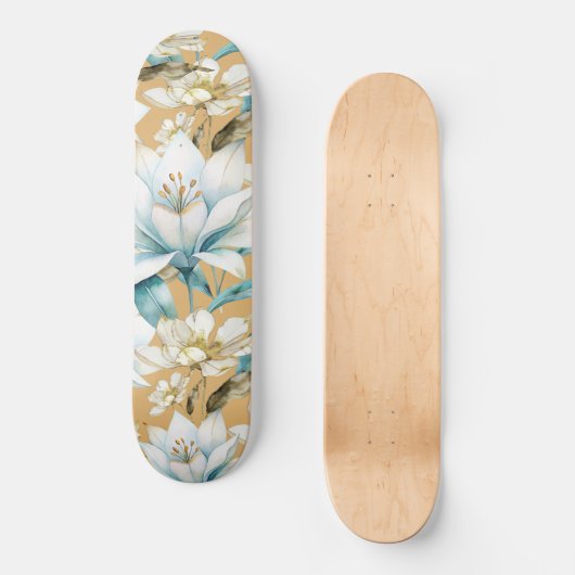 Botanische waterverf blauw wit goud lelie bloemen persoonlijk skateboard (Voorkant)