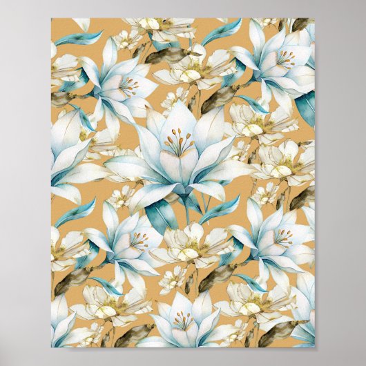 Botanische waterverf blauw wit goud lelie bloemen poster (Voorkant)