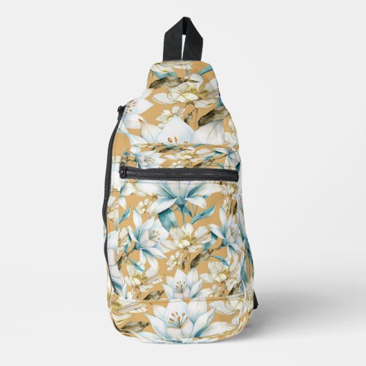 Botanische waterverf blauw wit goud lelie bloemen sling bag (Voorkant)