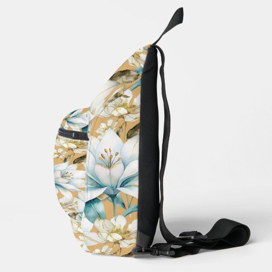 Botanische waterverf blauw wit goud lelie bloemen sling bag (Rechts)