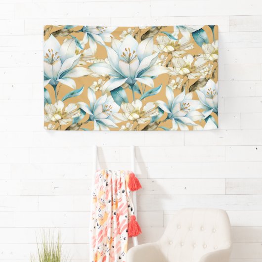 Botanische waterverf blauw wit goud lelie bloemen spandoek (Insitu)