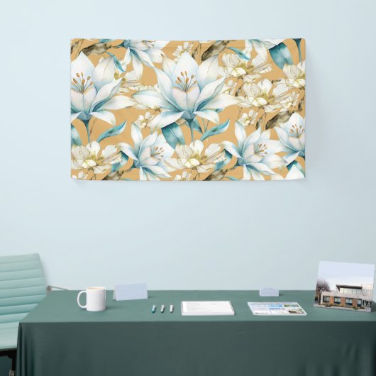 Botanische waterverf blauw wit goud lelie bloemen spandoek (Beurs)
