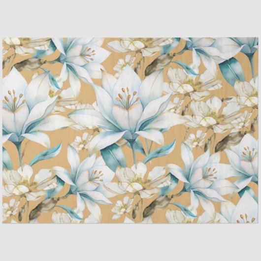 Botanische waterverf blauw wit goud lelie bloemen tissuepapier (Voorkant)